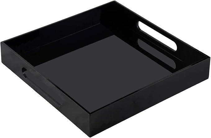 Acrylic Ottoman Tray with Handles - Remote Control Valet Tray, Black Nightstand Dresser or Bathroom Organizer - Spill Proof Square 12''x12'' (Black)