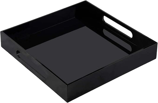 Acrylic Ottoman Tray with Handles - Remote Control Valet Tray, Black Nightstand Dresser or Bathroom Organizer - Spill Proof Square 12''x12'' (Black)