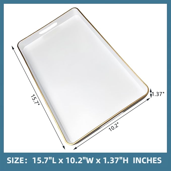 White Decorative Tray, Rectangular Serving Trays with Handles,Ottoman, Coffee Table Tray for Living Room, Bathroom, Home Decor 15.7” x 10.2”