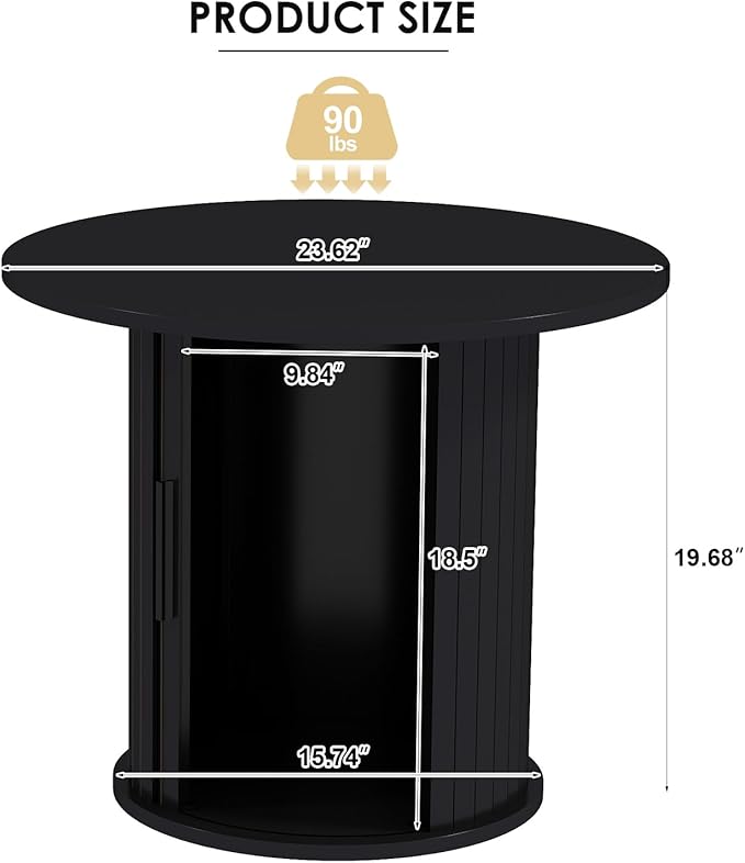 Round Wood Coffee Table 23.6IN with Hidden Storage & Sliding Door, Circle Farmhouse Side Table Sets for Living Room, Bedroom, Balcony, Small Spaces, Black