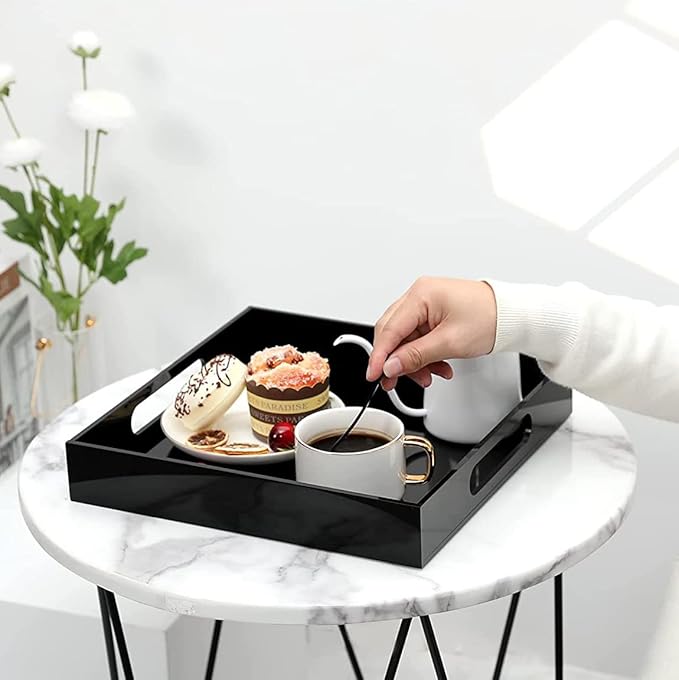 Acrylic Ottoman Tray with Handles - Remote Control Valet Tray, Black Nightstand Dresser or Bathroom Organizer - Spill Proof Square 12''x12'' (Black)