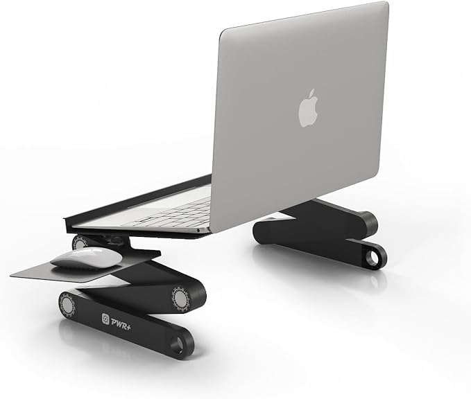 PWR+ Laptop Table Stand Adjustable Riser: Portable with Mouse Pad Fully Ergonomic Mount Ultrabook MacBook Gaming Notebook Light Weight Aluminum Black Bed Tray Desk Book Fans Up to 17 inch