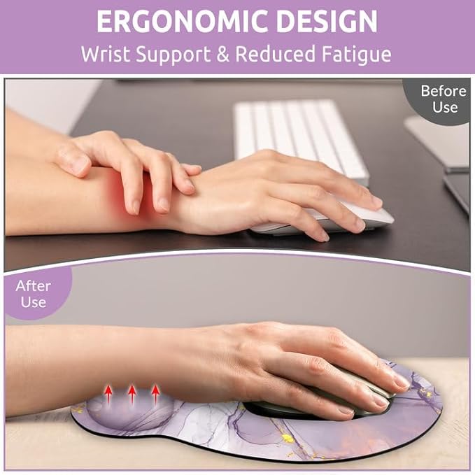 Ergonomic Mouse Pad with Wrist Rest, Purple Mousepad with Non-Slip Rubber Base and Smooth Surface, Small Mouse Pads for Desk, Office Desk Accessories