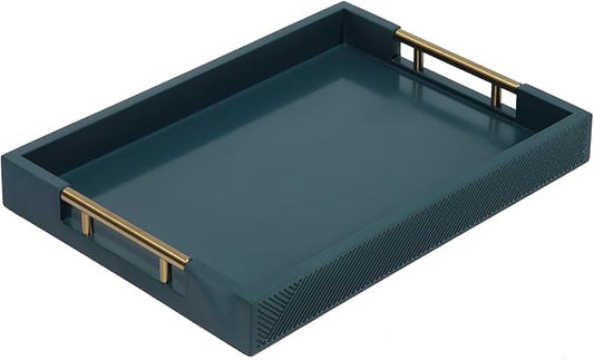 Serving Tray with Polished Metal Handles, 16.5''x12'' Rectangle Coffee Table Tray, Modern Decorative Tray, Large Ottoman Tray, Perfect for Storage and Display (Teal)