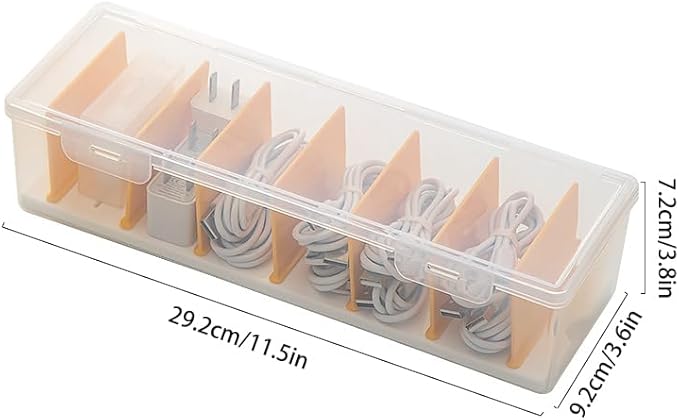 Clear Cable Organizer Box with 10 Reusable Cable Ties, Cord Management Case for Phone Chargers, Wires, Electronics. Desk Drawer Storage Organizer for Home, Office.