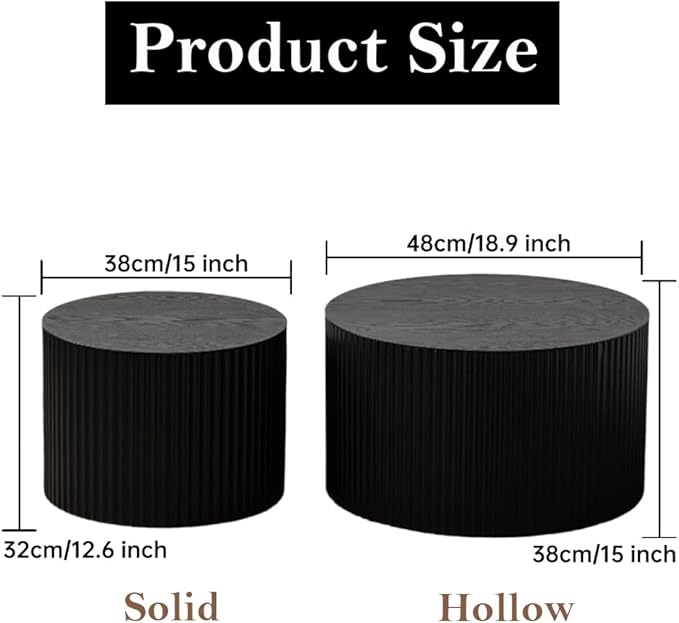Round Nesting Coffee Table Set of 2 Modern Black Fluted Coffee Table Small Round End Table Side Table Circular Coffee Tables Circle Nested Coffee Tables for Living Room (Black Small)