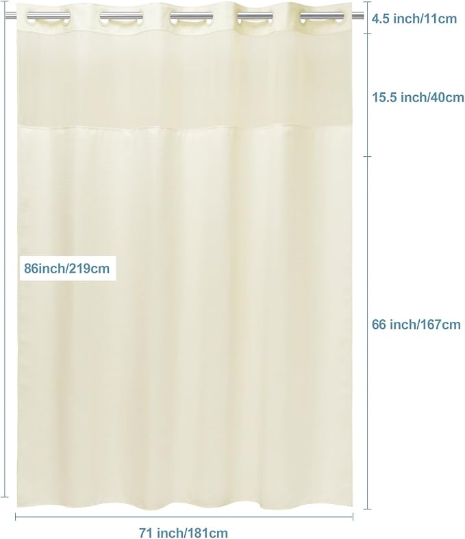 Ivory Long Hotel Shower Curtain with Detachable Liner - 230GSM Waffle Textured,Hotel Grade,Spa Like Bath Curtain,71W x 86H