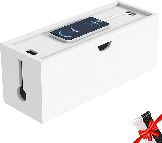 Bamboo Cable Management Box, Large Cord Organizer Box Cable Box to Hide Wires & Power Strips for Desktop Storage Cord Holder for Office Home,No Assembley Required (All White, Large)