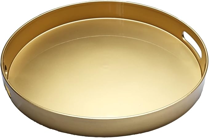 Spsyrine Round Gold Decorative Tray, 13" Plastic Serving Table Tray with Handles for Breakfast, Round Modern Ottoman Tray for Coffee Table, Bathroom, Kitchen, Living Room