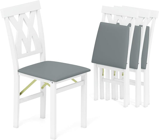 GOFLAME Folding Dining Chairs Set of 4, Foldable Kitchen Chairs with PVC Leather Padded Seat and Rubber Wood Frame, Elegant Hollowed Backrest, Wooden Dinner Chair Set for Dining Room, White