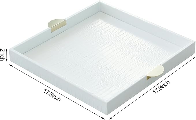 HofferRuffer Faux Leather Decorative Serving Tray, Elegant Coffee Table Ottoman Tray, Breakfast, Drinks, Liquor Serving Platter, White Croco Finish with Gold Hardware Handle (Square)