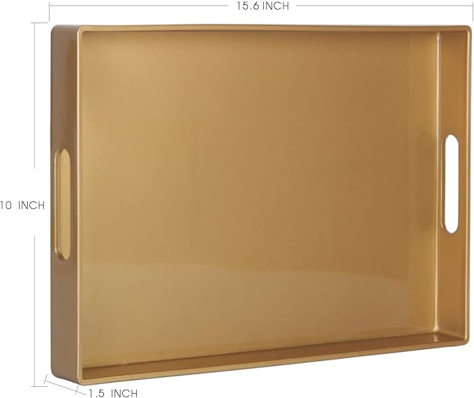Zosenley Decorative Tray, Rectangular Plastic Tray with Handles, Modern Vanity Tray and Serving Tray for Bathroom, Kitchen, Ottoman and Coffee Table, 15.6" x 10.2"(Gold)