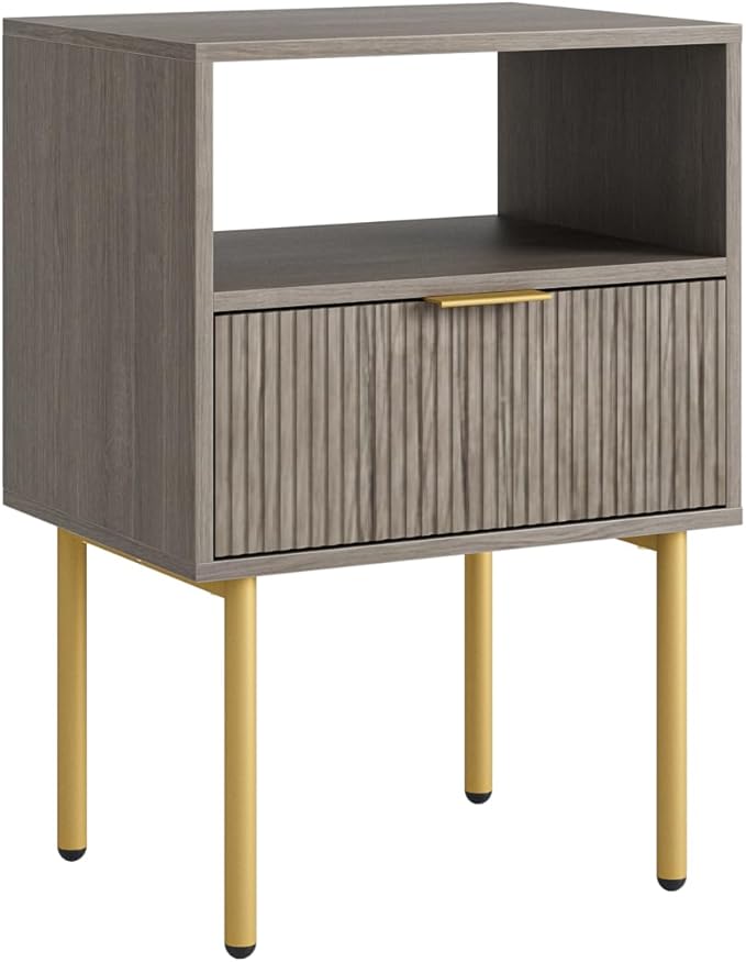 Masupu Night Stand,Mid-Century Modern Bedside Table with Storage Drawer and Open Wood Shelf,Small Gold Frame Side Table for Bedroom,Living Room, Grey