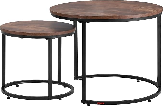 VEVOR Nesting Tables, Coffee Table Set of 2, 23.6 inch Round Coffee Table, Small Coffee Tables Night Stand with Metal Frame, for Living Room, Bedroom, Office (Brown & Black)