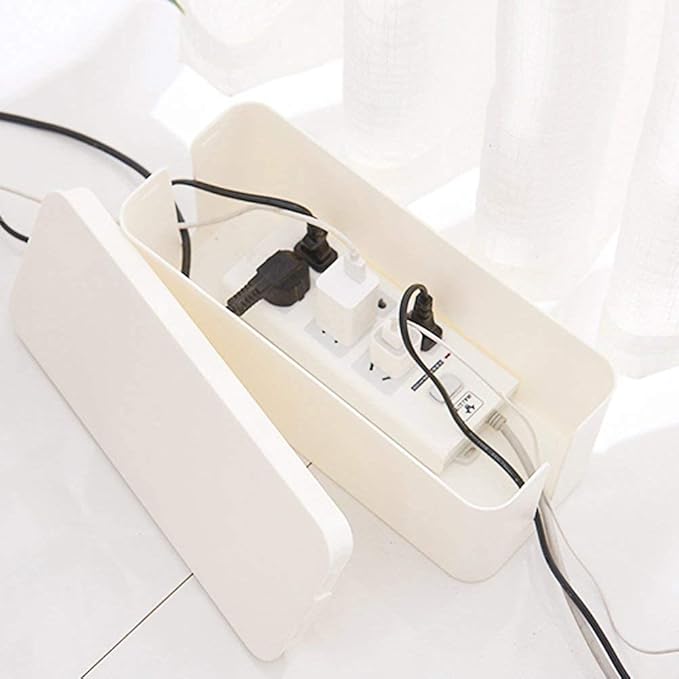 Cable Management Box Organizer, Pack of 2 Wire Concealer to Cover Hide Surge Protector & Power Strip on Desk Floor, with 5 Cord Fastening Tapes for Office, Home, Kitchen (Ice White)