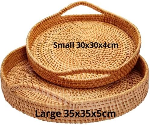 Round Rattan- Handmade Serving Tray-Decorative Woven Ottoman-Trays with Handles for Coffee Table Natural Basket Wave Tray (L- 13.7 Inch & M-11.8 Inch)