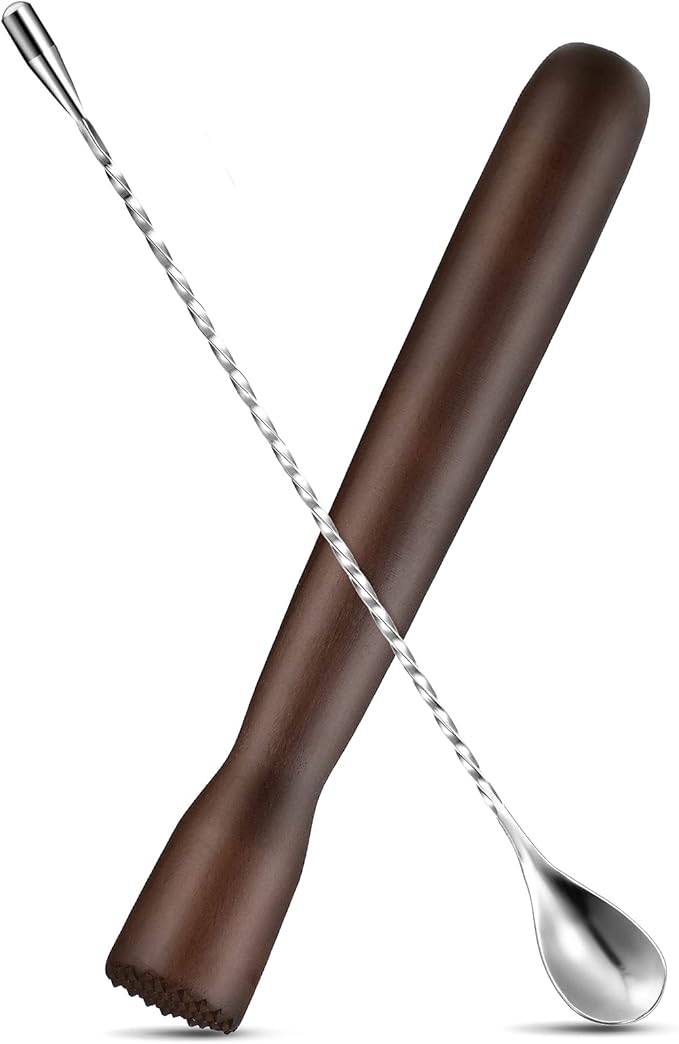 Patelai Wooden Cocktail Drinks Muddler Bar Muddler and 12 Inches Bar Spoon Stainless Steel Shaker Spiral Mixing Spoon for Making Cocktails Mojito Lemonade Drinks Juice