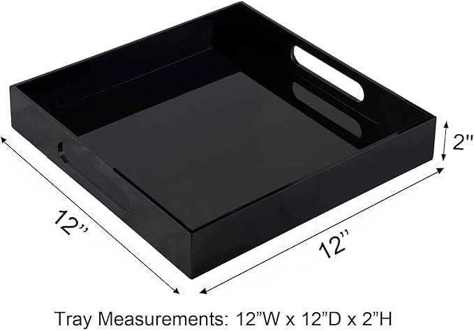 Acrylic Ottoman Tray with Handles - Remote Control Valet Tray, Black Nightstand Dresser or Bathroom Organizer - Spill Proof Square 12''x12'' (Black)