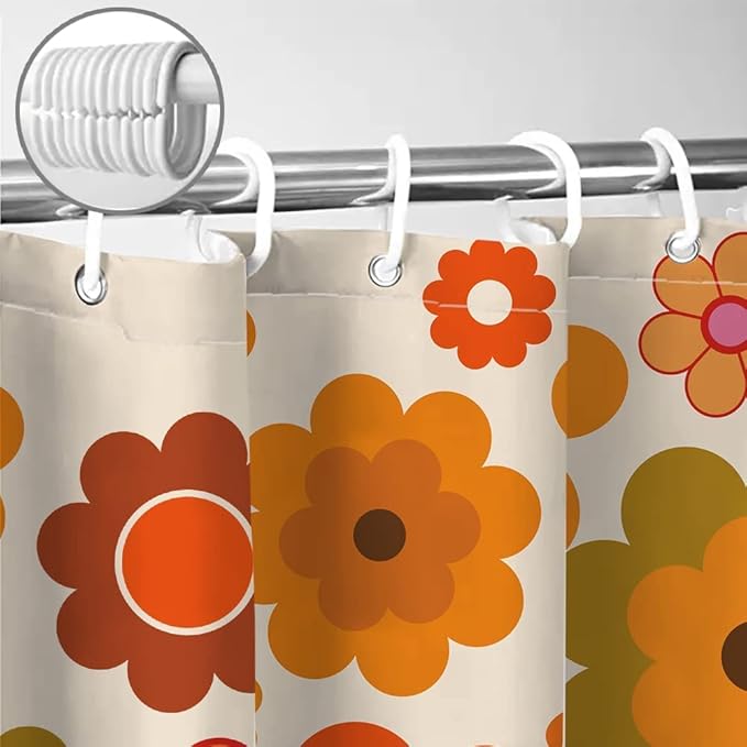 Retro Flowers Shower Curtain, Groovy Brown Orange Sun Flower Vintage 70s Fabric Shower Curtains Set for Bathroom Funky Hippie 1970 Boho Yellow Floral Decoration with Hooks 72 X 78 inch Bath Decor