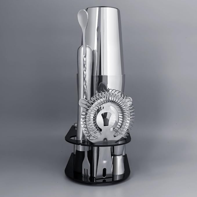 5 Piece Cocktail Shaker Bartender Kit: 750/600ml(25/20oz) Cocktail Shaker Set with Stand, Drink Mixing Includes Martini Shaker,Strainer,Jigger,Bar Mixer Spoon,Muddler Bar Tool Set (Silver)