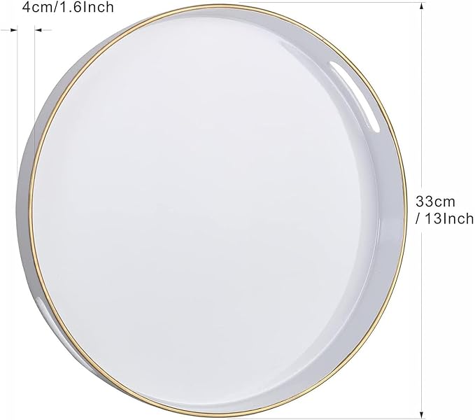 Zosenley Decorative Tray, Round Plastic Tray with Handles, Modern Vanity Tray and Serving Tray for Ottoman, Coffee Table, Kitchen and Bathroom, Size 13” (White)