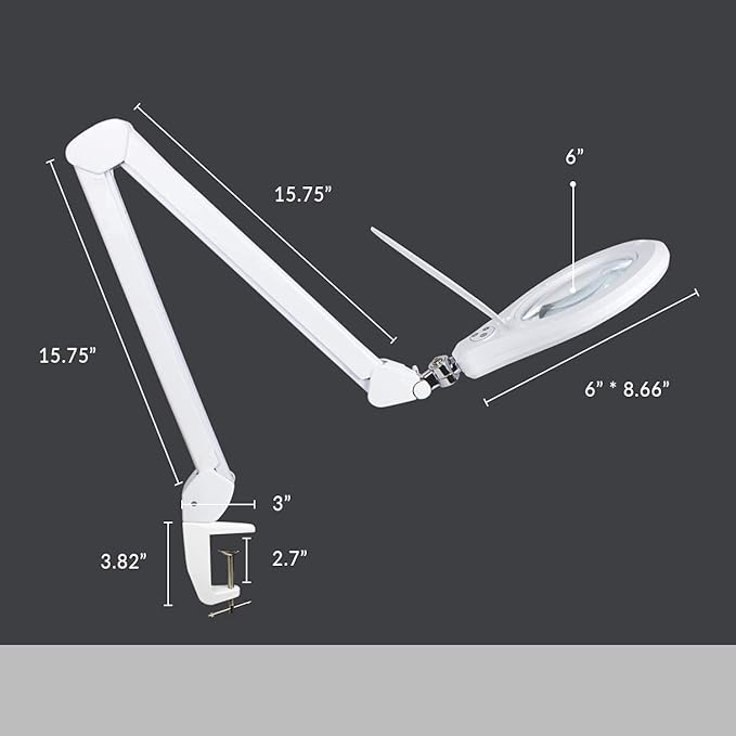 Neatfi Elite XL HD Bifocals Super LED Magnifying Lamp with Clamp, Glass Lens, 6500K, Glare-Free, Nonpolar Dimming (6 Inch Lens, White)