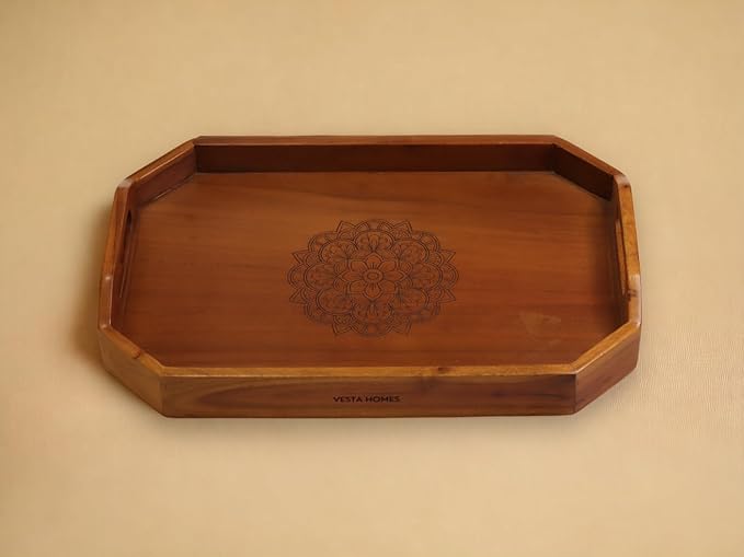 Vesta Homes Extra Large Wooden Serving Tray for Home, Kitchen, Breakfast, Restaurant, Office Organizer, Dining Table | Premium Acacia Wood |18 * 12 * 3 Inches | Handcrafted in India