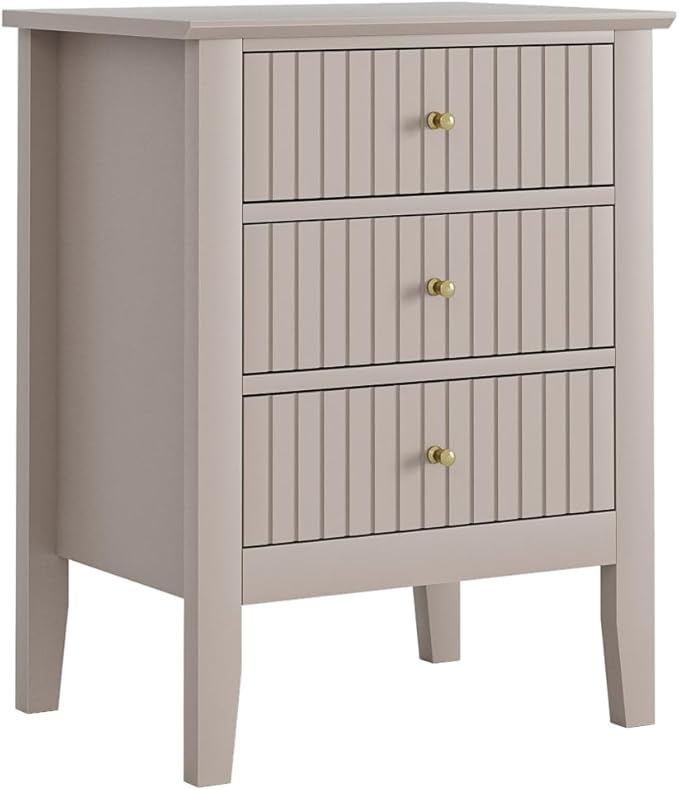 Night Stand, Fluted Nightstand Bedside Tall Farmhouse Nightstand with 3 Drawers, Mid Century Modern Side Accent Table,Bedside End Table for Bedroom, Living Room, Khaki