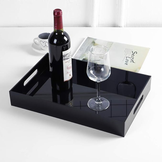 Sooyee Acrylic Serving Tray with Handles,16" x 12" Decorative Tray for Breakfast, Tea, Food, Butler,Coffee,Table Ottoman Vanity Countertop,Black