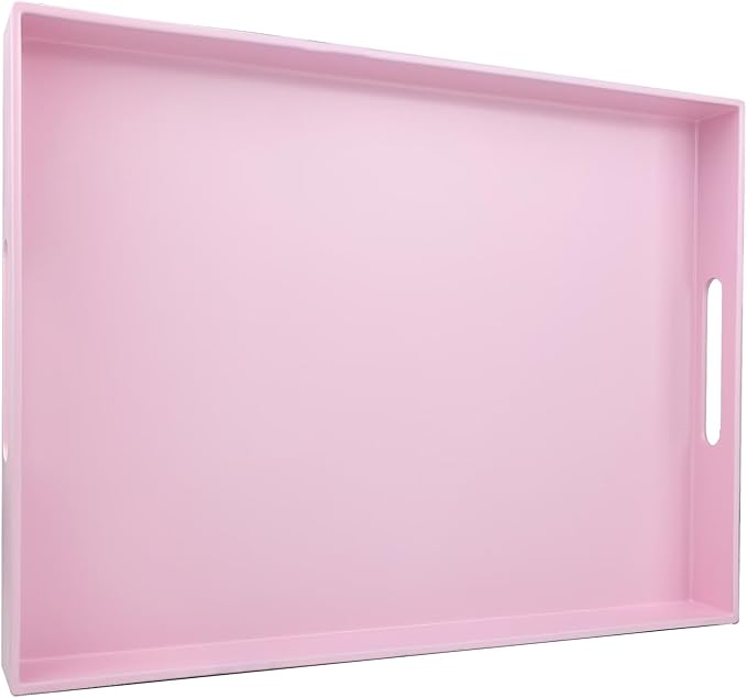 Pink Serving Tray for Coffee Table, Rectangular Plastic Decorative Tray with Handles for Entertaining, Outdoor Patio, Living Room, Ottoman, Bathroom Counter, 11.8”*15.7”*1.6”
