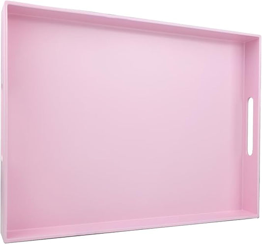 Pink Serving Tray for Coffee Table, Rectangular Plastic Decorative Tray with Handles for Entertaining, Outdoor Patio, Living Room, Ottoman, Bathroom Counter, 11.8”*15.7”*1.6”