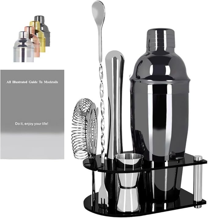 Cocktail Shaker Bartender Kit: 5 Piece Bar Tool Set, Cocktail Shaker Set with Stand, Drink Mixing Includes Martini Shaker,Strainer,Jigger,Bar Mixer Spoon,Muddler ﻿ (Black, 750ml(25oz))