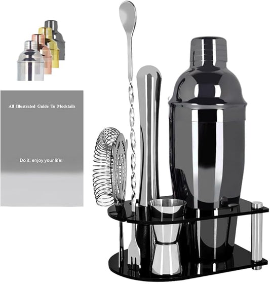 Cocktail Shaker Bartender Kit: 5 Piece Bar Tool Set, Cocktail Shaker Set with Stand, Drink Mixing Includes Martini Shaker,Strainer,Jigger,Bar Mixer Spoon,Muddler ﻿ (Black, 750ml(25oz))
