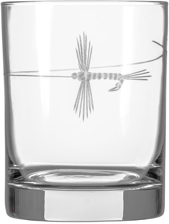 Rolf Glass Fly Fishing Double Old Fashioned Glass | 13oz Engraved Whiskey Tumblers | Set of 2 Lead-Free Crystal Glasses | Made in the US