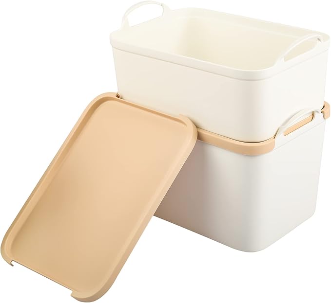 ANMINY 5PCS Plastic Storage Bins Containers with Lids, Large White Storage Organization Bins Boxes, Lidded Plastic Storage Baskets for Closet Shelves Drawers Desktop - 2 Medium 3 Small, Wheat Lids