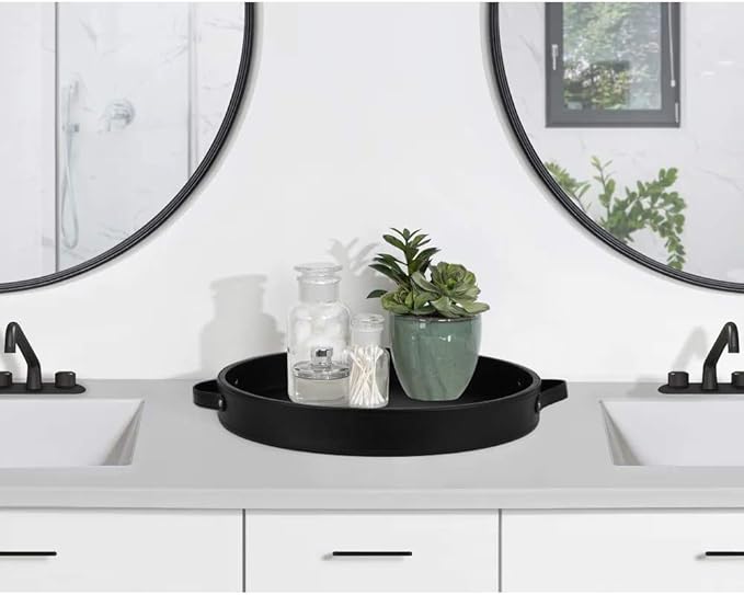 HofferRuffer PU Leather Round Serving Tray with Handles, Decorative Catchall Vanity Coffee Tray, Faux Leather Ottoman Tray for Home Or Office, Diameter 14.6-inch (Black)