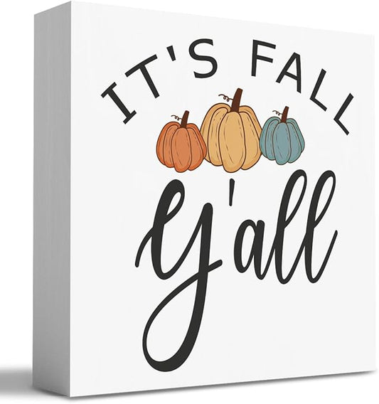 Fall Wooden Box Sign, 5.1 X 5.1 Inch Pumpkin Autumn Wood Sign for Tiered Tray, Home Living Room Harvest Day Thanksgiving Tabletop Decor - It's Fall Y'all 2