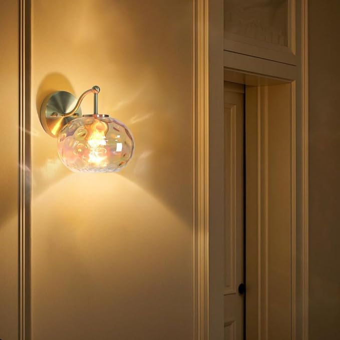 Gold Wall Sconce Light Amber Hammered Glass Vanity Lighting Brushed Brass Champagne Wall Lamp for Bathroom Over Mirror