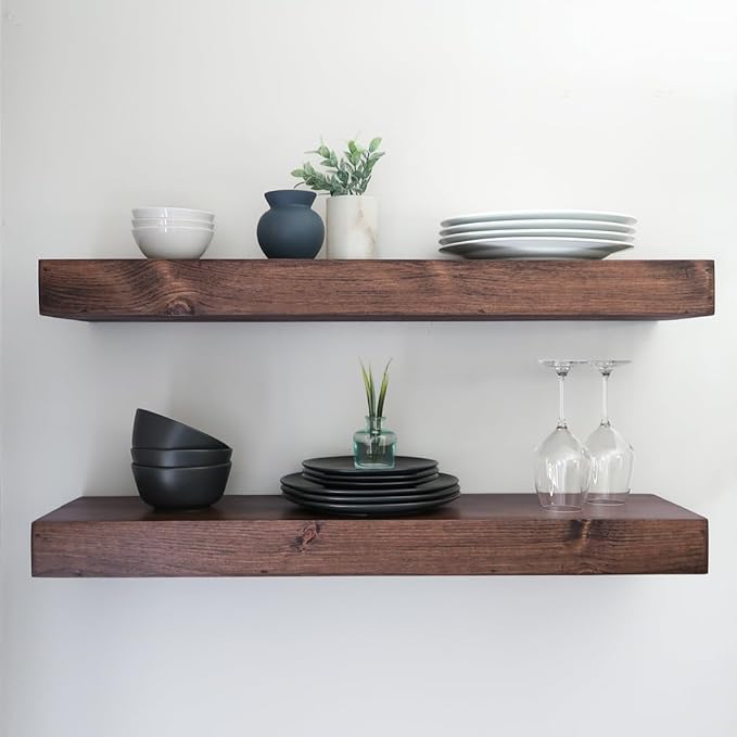 Urbandi Modern Floating Shelves 3 Inches Thick for Wall, Wide Shelves for Kitchen, Living Room, Bedroom, and Bathroom, Natural Pine Wood, Rustic Wooden Shelf, (Set of 2) (Provincial, 48Lx3Hx6D)