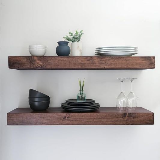 Urbandi Modern Floating Shelves 3 Inches Thick for Wall, Wide Shelves for Kitchen, Living Room, Bedroom, and Bathroom, Natural Pine Wood, Rustic Wooden Shelf, (Set of 2) (Provincial, 48Lx3Hx8D)