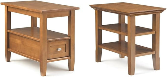 SIMPLIHOME 14" Solid Wood Narrow Side Tables with Storage - 1 Drawer & Shelf in Light Golden Brown and 2 Shelves in Light Golden Brown