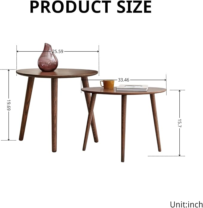 100% Solid Oak Wood Nesting Coffee Table,Mid Century Modern Oval Coffee Tables Set, Round Tables for Living Room, Pebble Side Table for Balcony (Walnut, Combine)