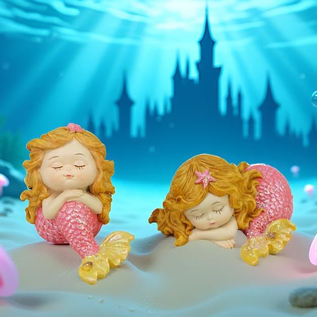 Mini Mermaid Figurine Set (2-Pack) - 4-Inch Sleeping Baby Mermaid Statue, Cute Tailed Mermaid Princess Decor for Fish Tank, Shelf & Home Décor