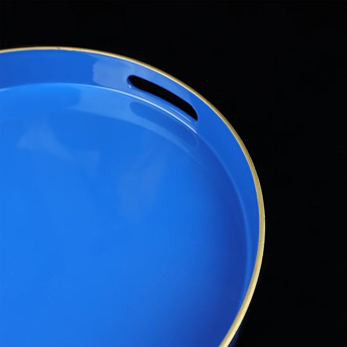 Blue Round Decorative Tray with Handles, 13" Elegant Coffee Table Serving Tray for Ottoman Living Room, Bathroom, Outdoors, Breakfast
