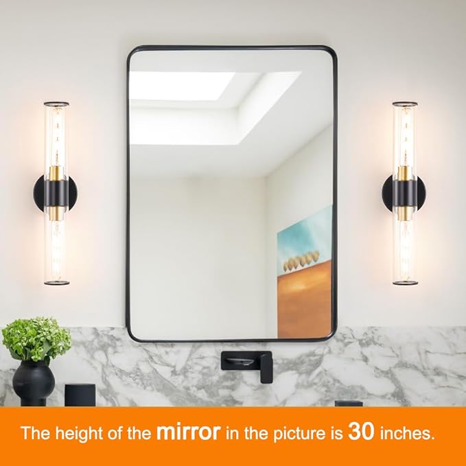 Black and Gold Bathroom Wall Sconces, Hardwired Sconce Wall Decor Set of 2, Modern Wall Sconce with Clear Glass, Bathroom Sconces over Mirror, Wall Light Fixtures for Hallway, Bedroom (Bulbs Required)