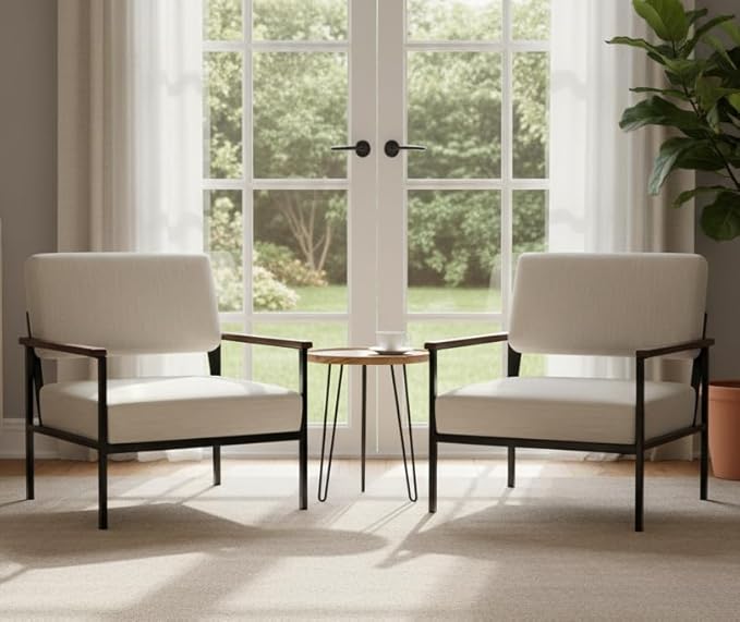Set of 2 Mid Century Modern Accent Chair Arm Chairs, Comfy Armchair Linen Upholstered with Black Metal, Beige