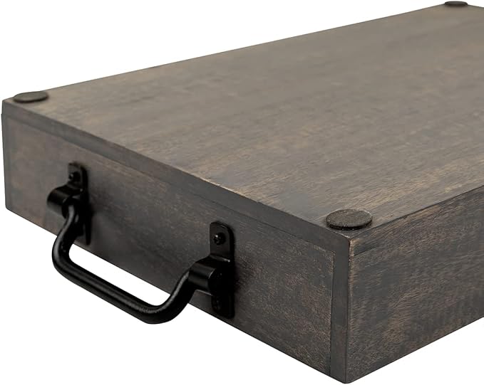 GoCraft Handmade Wooden Tray with Metal Handles – 15" x 11" x 2.5" Decorative Serving Tray in Grey Washed Finish – Versatile Tray for Breakfast in Bed, Lunch, Dinner, Appetizers, Coffee Table