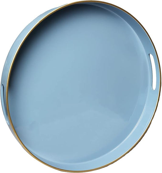 Spsyrine Round Blue Decorative Tray, 13" Plastic Serving Table Tray with Handles for Breakfast, Ottoman, Coffee Table, Bathroom, Kitchen, Living Room