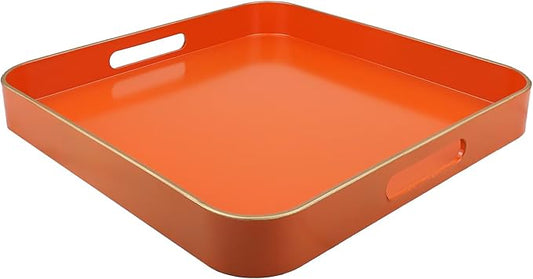 Orange Square Decorative Tray with Handles, 13"*13" Versatile Serving Tray for Coffee Table, Ottoman, Ideal for Serving, Displaying, Organizing