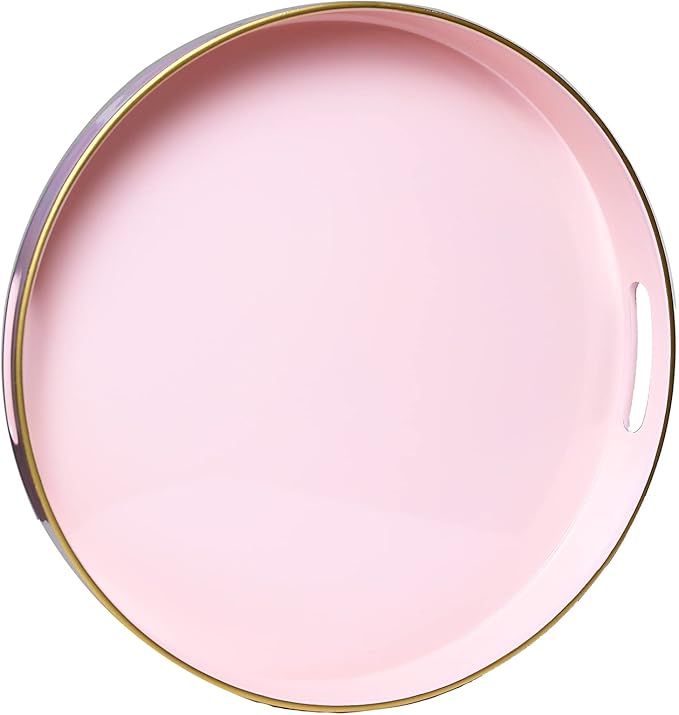 Spsyrine Round Pink Decorative Tray, 13" Plastic Serving Table Tray with Handles for Breakfast, Round Modern Ottoman Tray for Coffee Table, Bathroom, Kitchen, Living Room